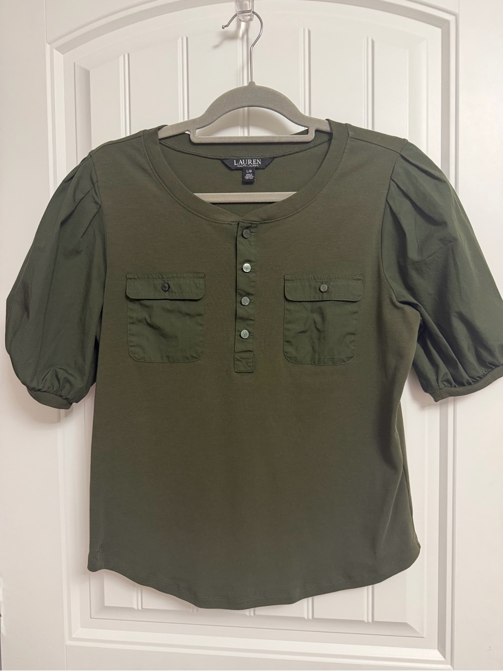 NWOT Ralph Lauren Olive Green Puff-Sleeve Henley top with Chest Pockets size L